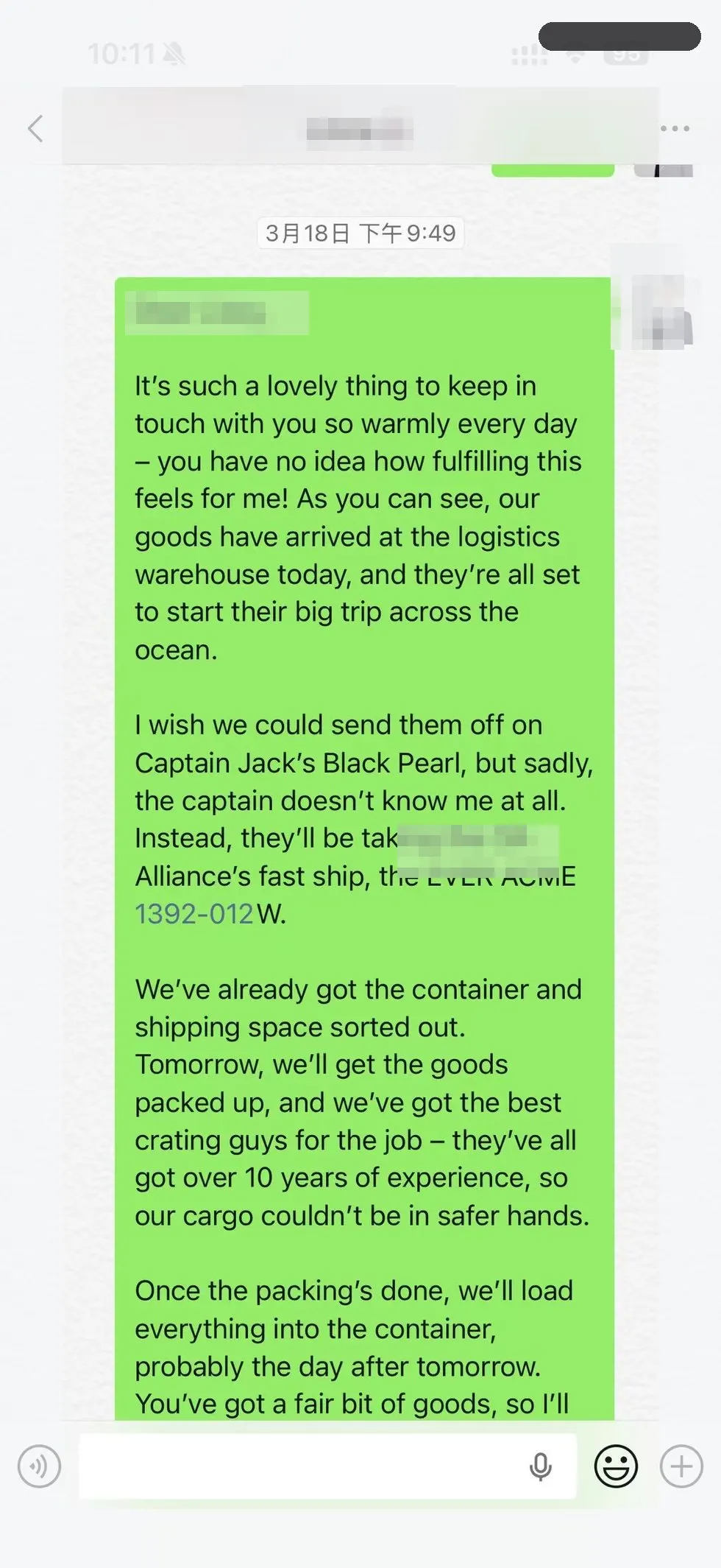 Redacted chat screenshot of BuildCargo Logistics sharing a detailed progress update