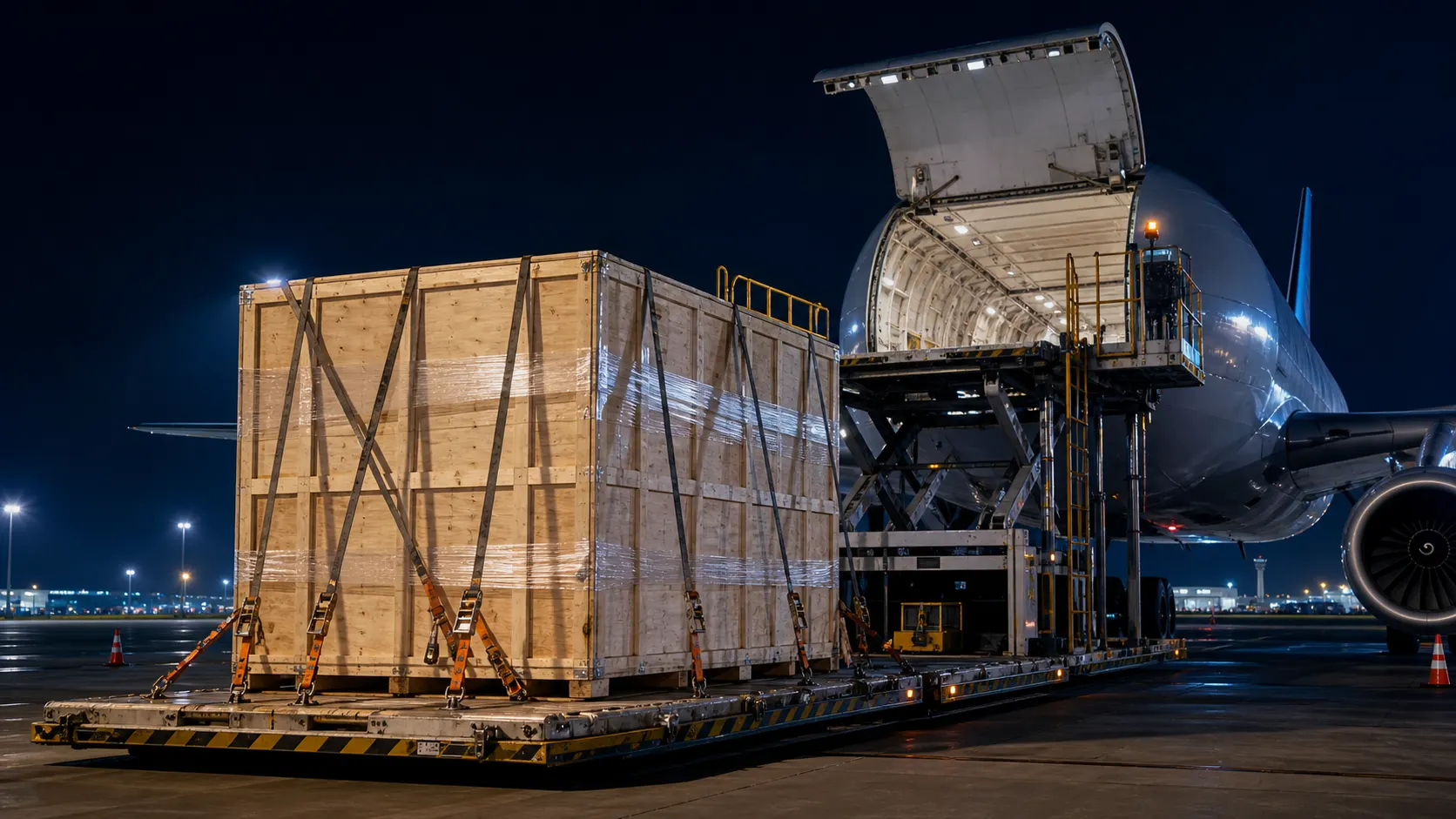 Oversized wooden crate being handled near an aircraft at night