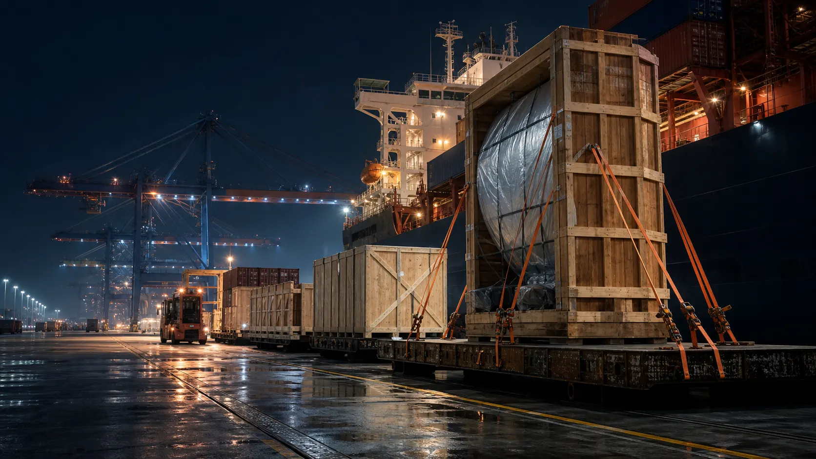 Large wooden crates beside an ocean vessel at night