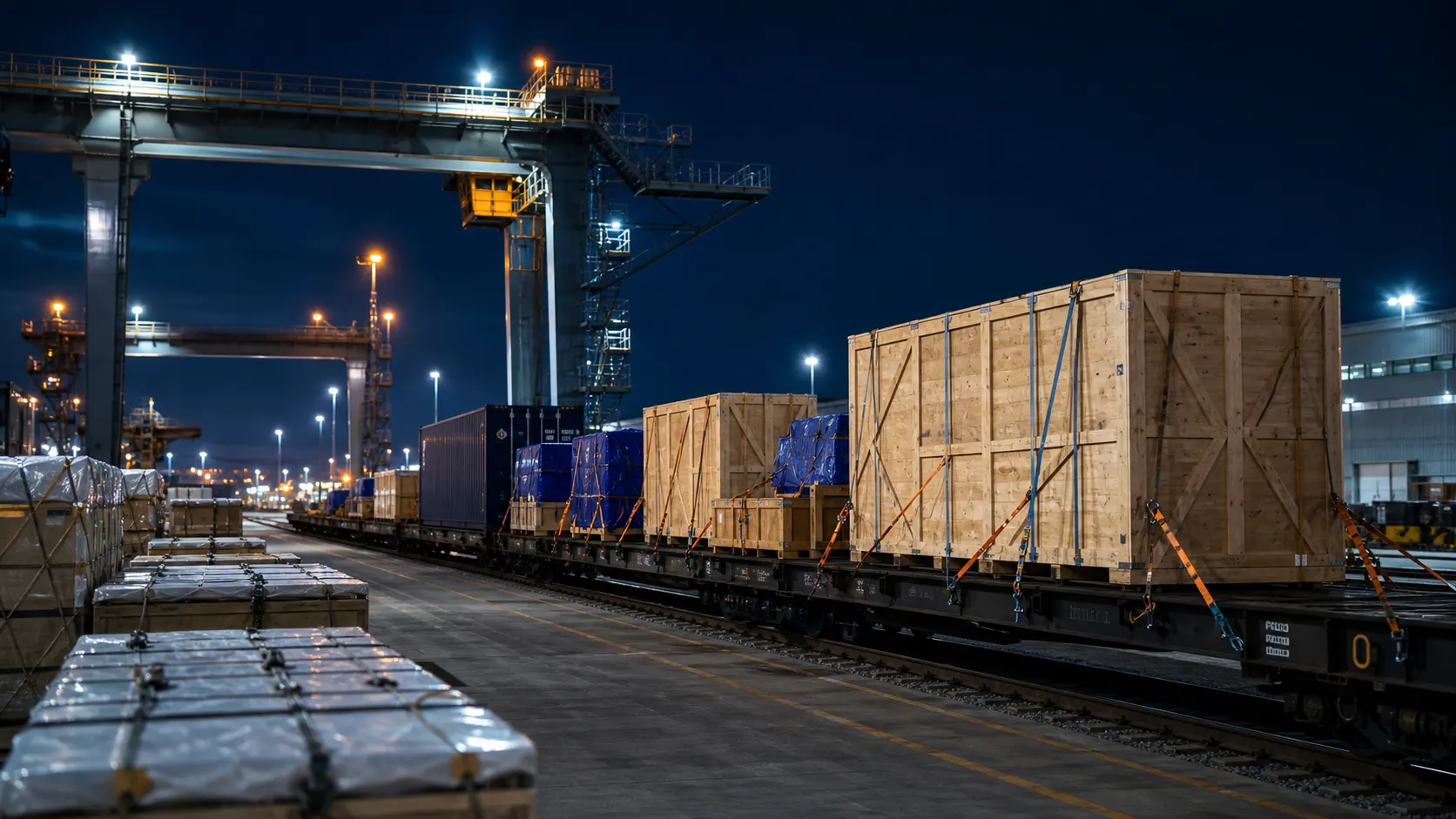 Wooden crates and container train at a rail freight terminal