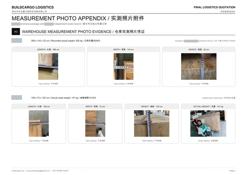Complete anonymized quotation page 6 with the long package and the 158 by 72 by 102 cm crate, including its scale photo