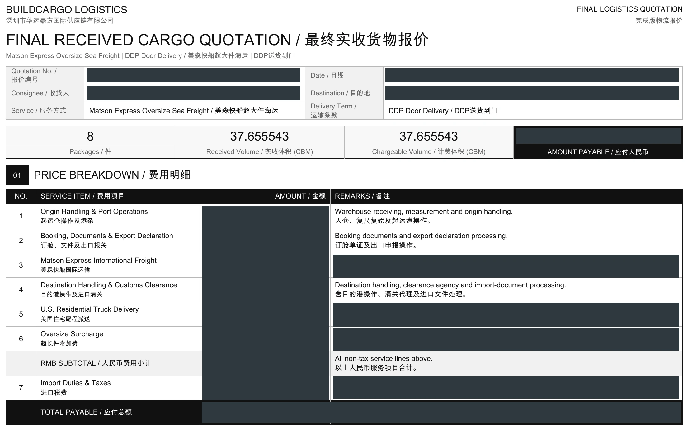 Anonymized original revised formal logistics quotation with its actual cost-line structure